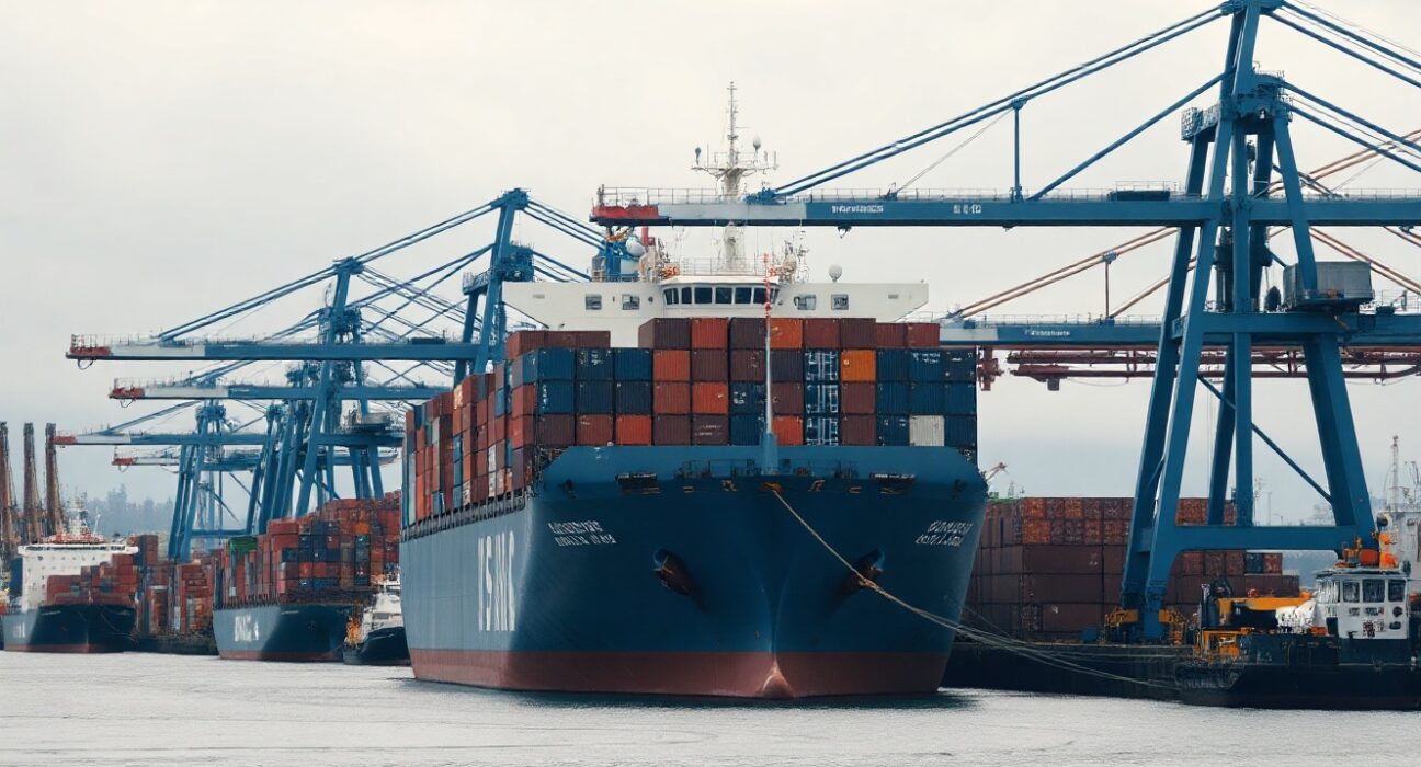 Container ship at the Port of Vancouver, representing Canada's import activity in June.