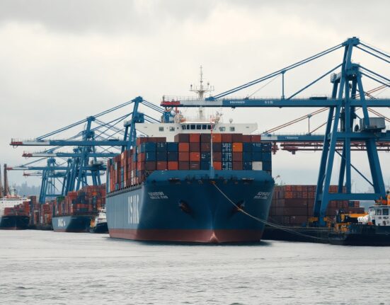 Container ship at the Port of Vancouver, representing Canada's import activity in June.