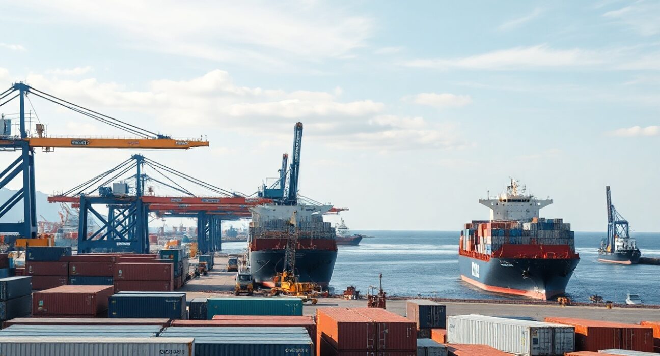 Busy Canadian port with cargo containers and ships under daylight, representing import activity.
