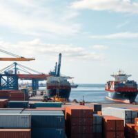 Busy Canadian port with cargo containers and ships under daylight, representing import activity.