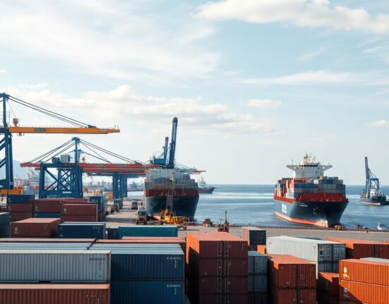 Busy Canadian port with cargo containers and ships under daylight, representing import activity.