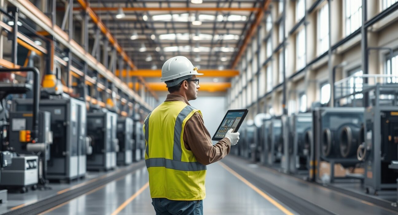 Factory worker inspecting machinery inside a Canadian industrial plant, representing manufacturing and producer price trends.