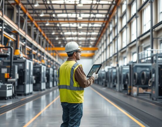 Factory worker inspecting machinery inside a Canadian industrial plant, representing manufacturing and producer price trends.
