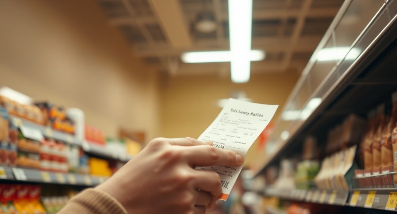 Canadian consumer looking at price tags in a grocery store, representing inflation data.