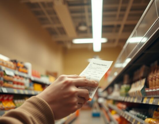 Canadian consumer looking at price tags in a grocery store, representing inflation data.