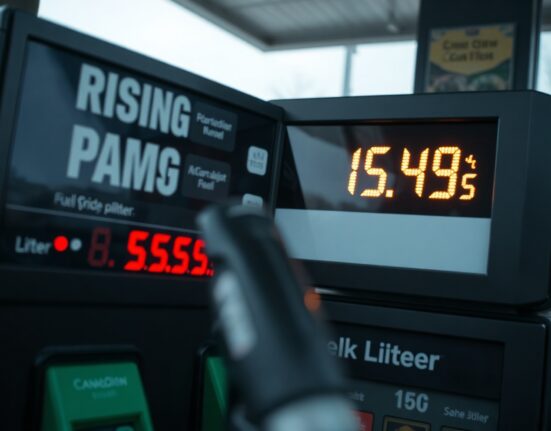 Gas station fuel pump display showing rising Canadian dollar prices per liter, representing energy-driven inflation.