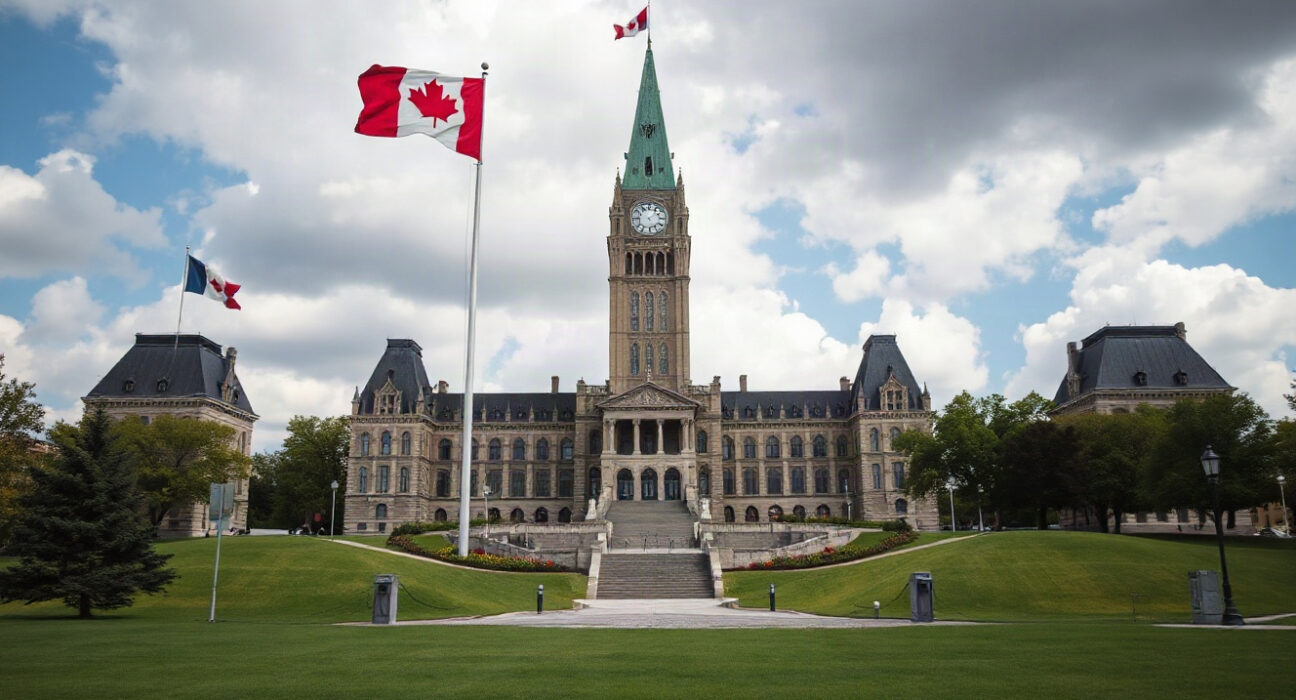 Parliament Buildings in Ottawa, Canada, under a partly cloudy sky