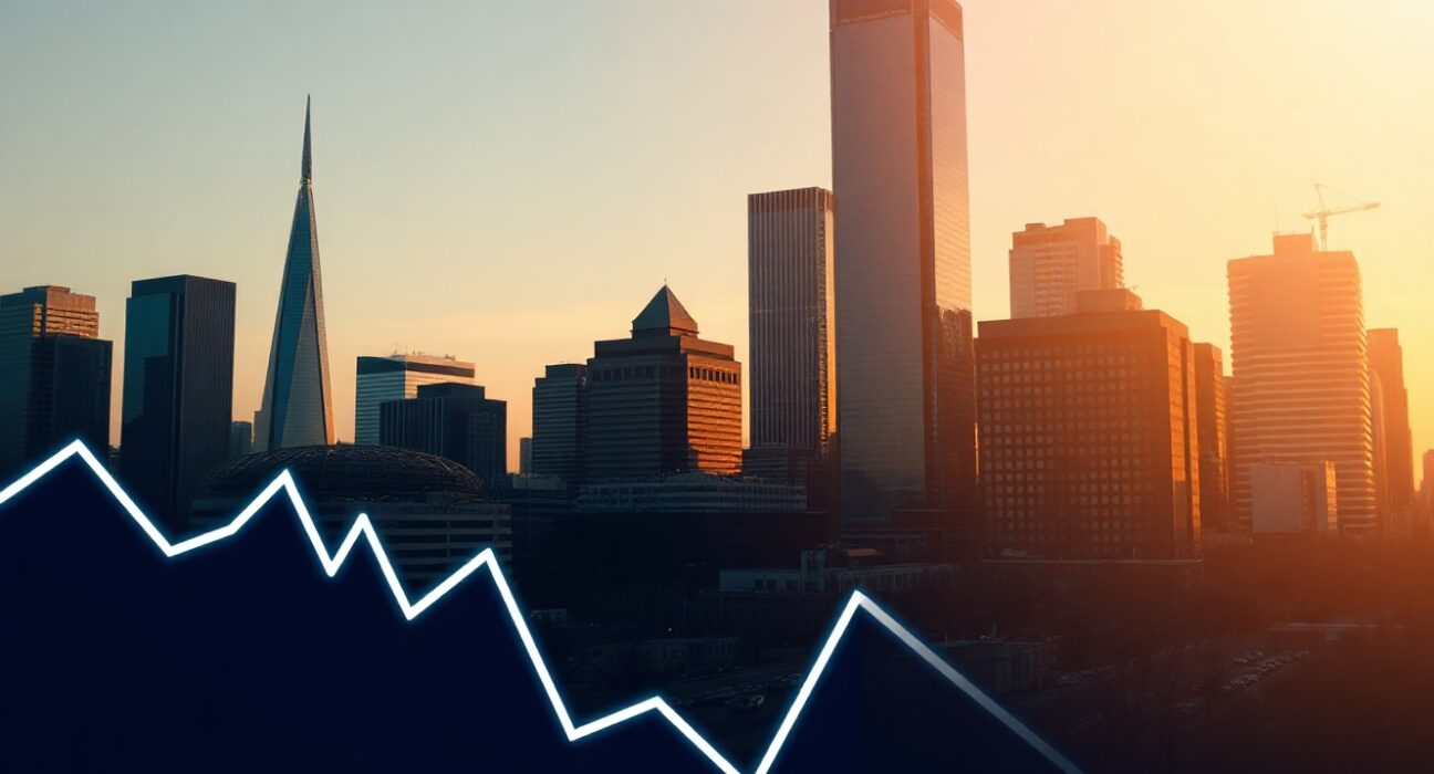 Canadian city skyline at dusk with a subtle downward chart overlay representing the Ivey PMI decline