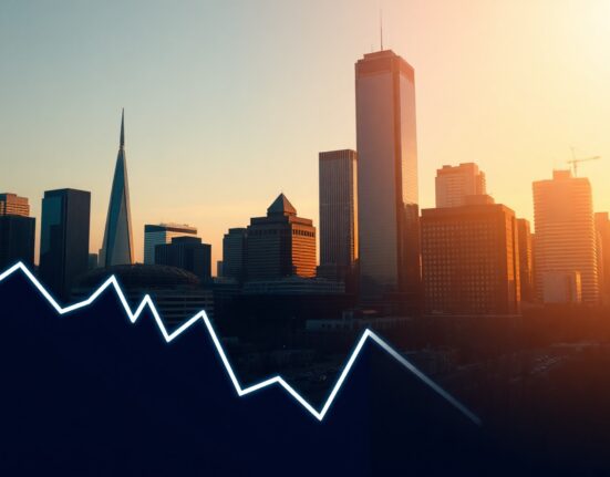 Canadian city skyline at dusk with a subtle downward chart overlay representing the Ivey PMI decline