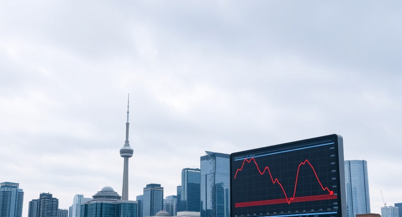 Canadian city skyline with economic data display showing a downward trend.