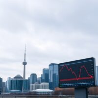 Canadian city skyline with economic data display showing a downward trend.