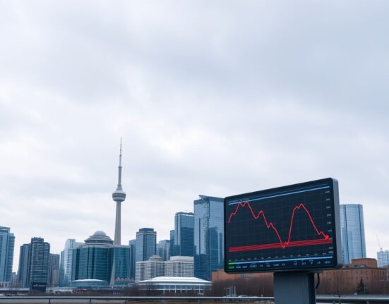 Canadian city skyline with economic data display showing a downward trend.