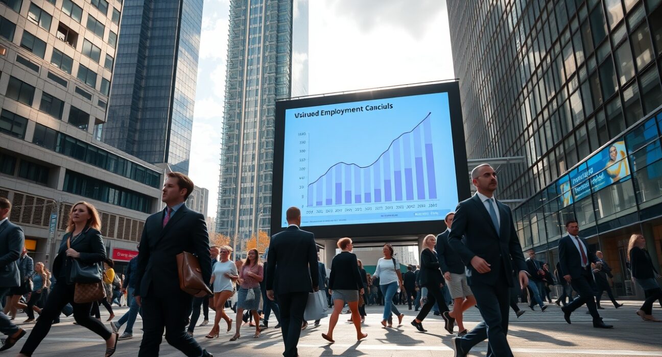 Busy Toronto street with professionals walking past a digital billboard showing an employment graph