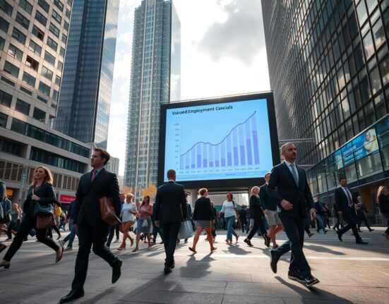 Busy Toronto street with professionals walking past a digital billboard showing an employment graph