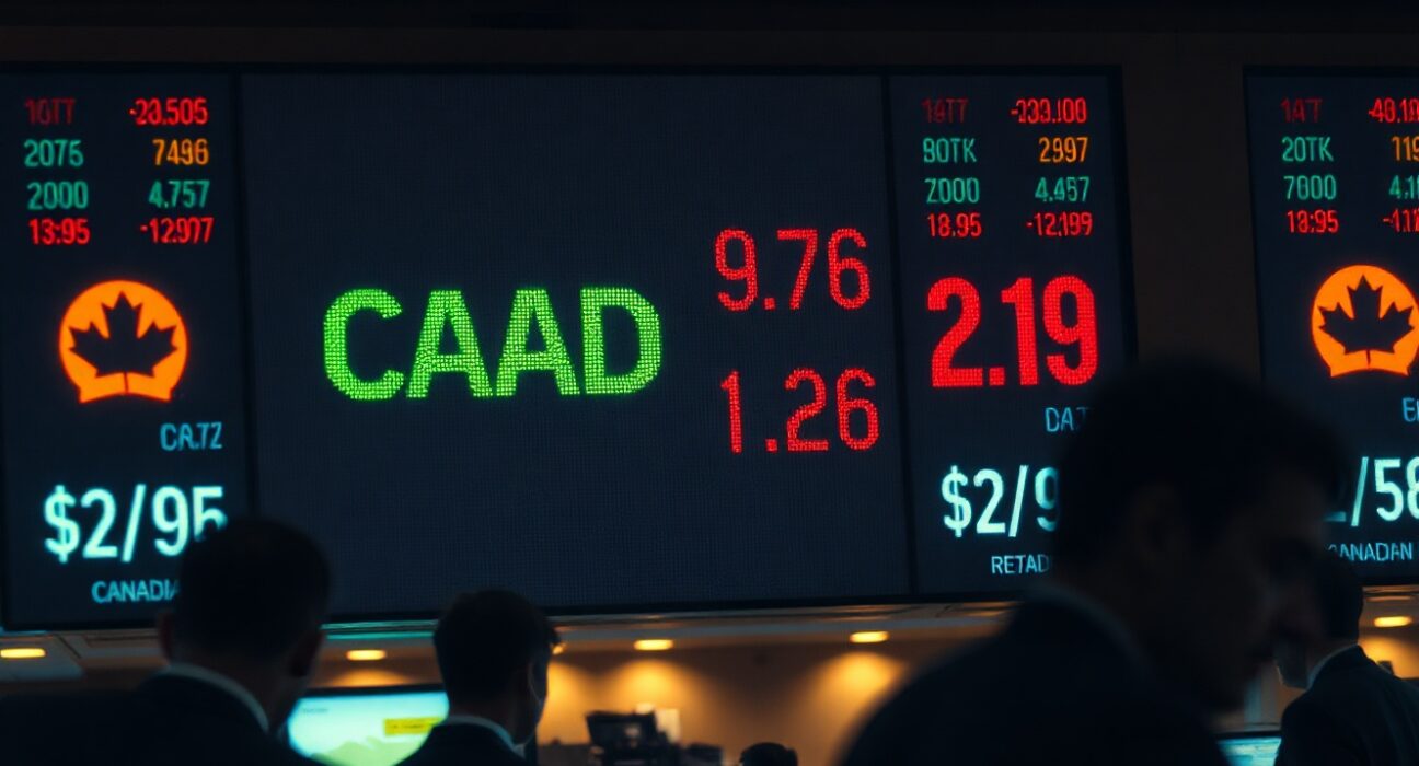 Digital trading board showing CAD exchange rates after Canada labour market report release