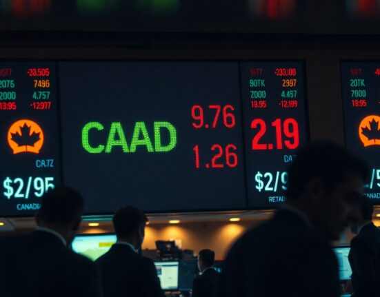 Digital trading board showing CAD exchange rates after Canada labour market report release