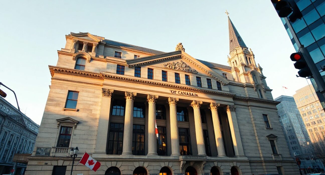 Bank of Canada building in Ottawa on a clear morning, symbolizing economic policy and interest rate decisions.