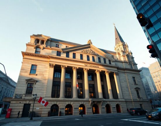 Bank of Canada building in Ottawa on a clear morning, symbolizing economic policy and interest rate decisions.