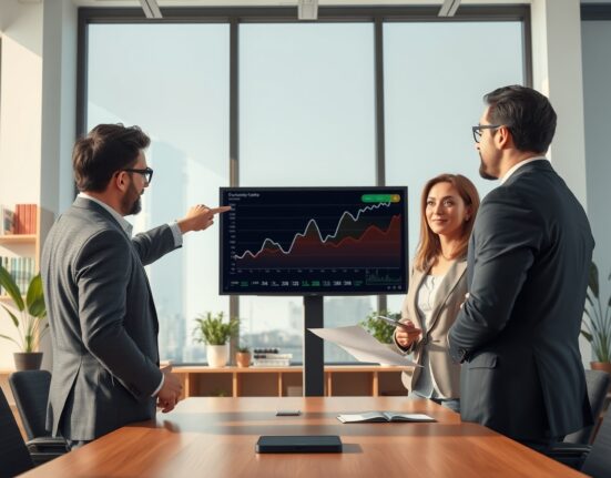 Professionals analyzing Canada labour market data and economic charts in a modern office setting.