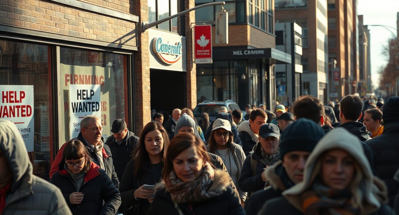 Busy Canadian city street with commuters and help wanted signs, illustrating labour market tightness.