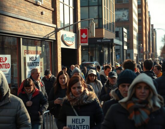 Busy Canadian city street with commuters and help wanted signs, illustrating labour market tightness.