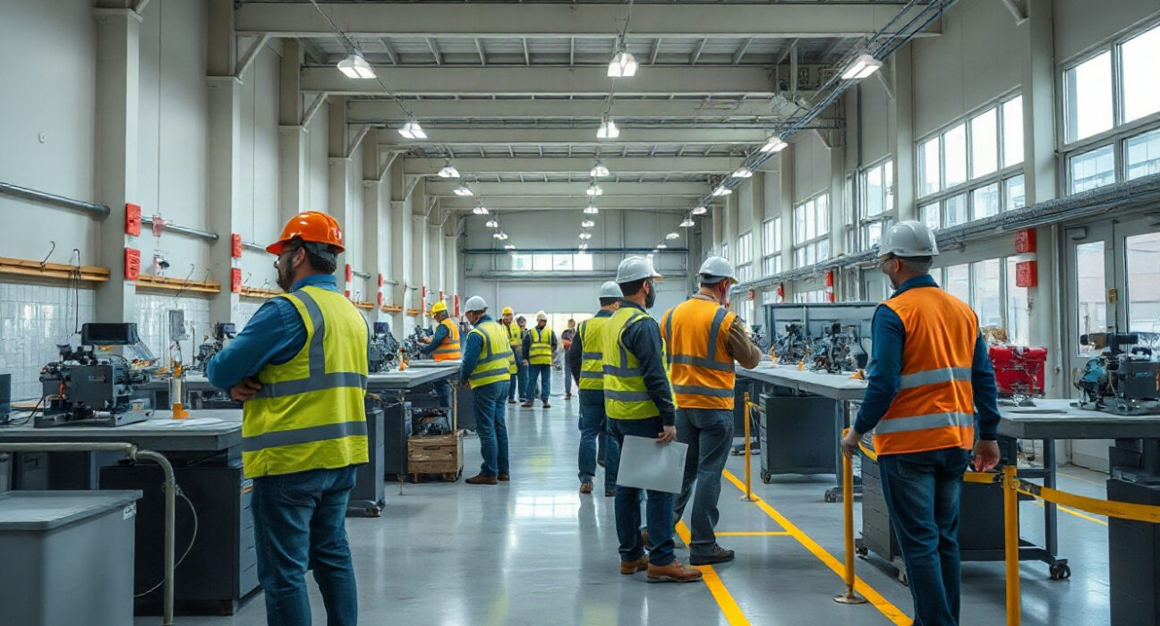 Workers in a Canadian manufacturing facility inspecting production lines
