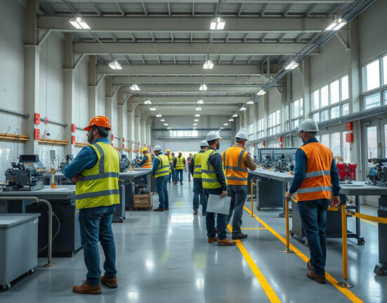 Workers in a Canadian manufacturing facility inspecting production lines