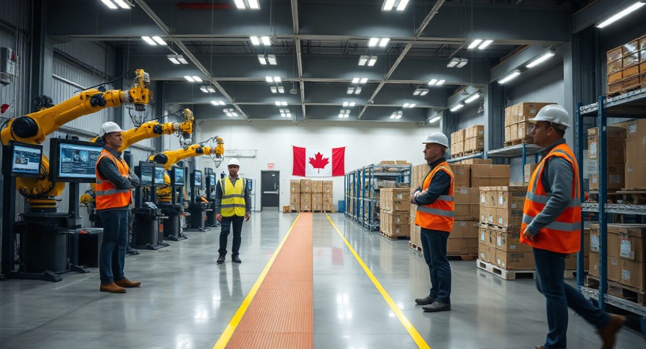 Workers on a modern Canadian manufacturing production line with digital displays showing operational data.