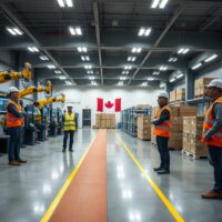 Workers on a modern Canadian manufacturing production line with digital displays showing operational data.