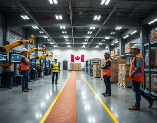 Workers on a modern Canadian manufacturing production line with digital displays showing operational data.