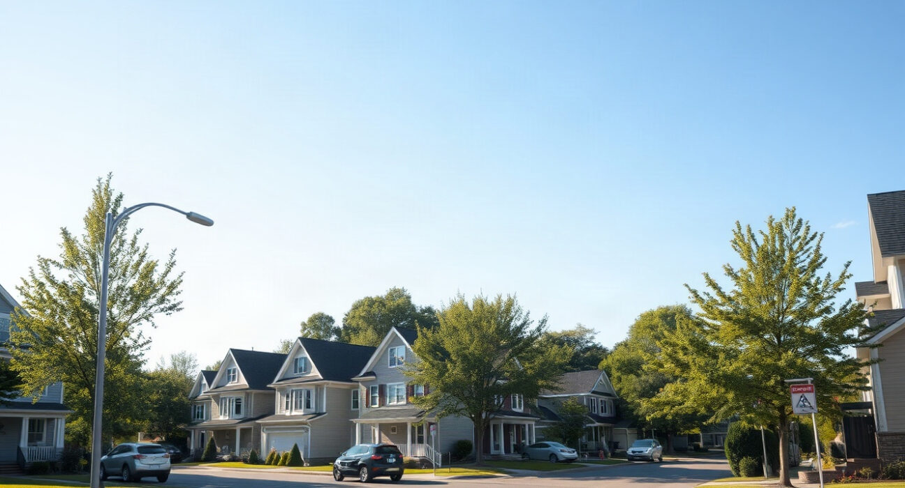 Residential street in a Canadian city with single-family homes and townhouses, representing the housing market.