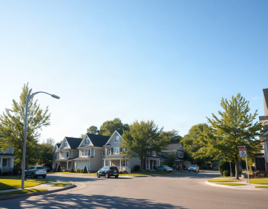 Residential street in a Canadian city with single-family homes and townhouses, representing the housing market.