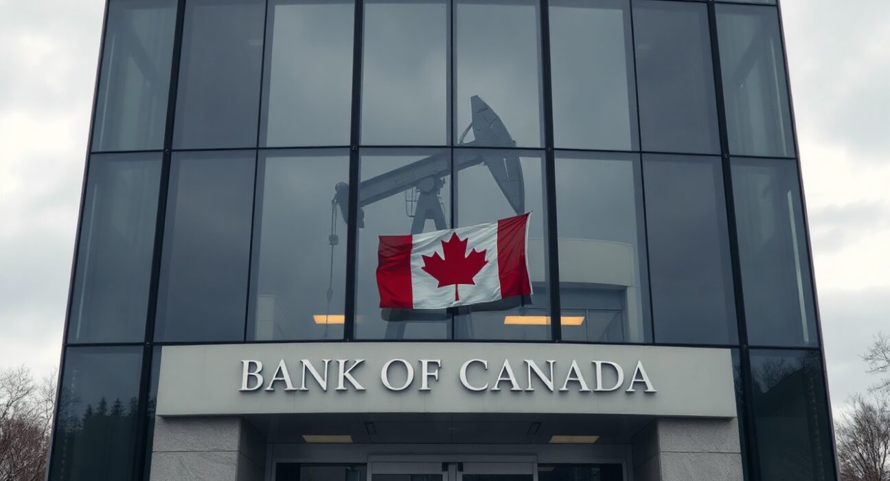 Bank of Canada building in Ottawa with subtle oil industry reflection, representing inflation pressures.
