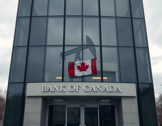 Bank of Canada building in Ottawa with subtle oil industry reflection, representing inflation pressures.