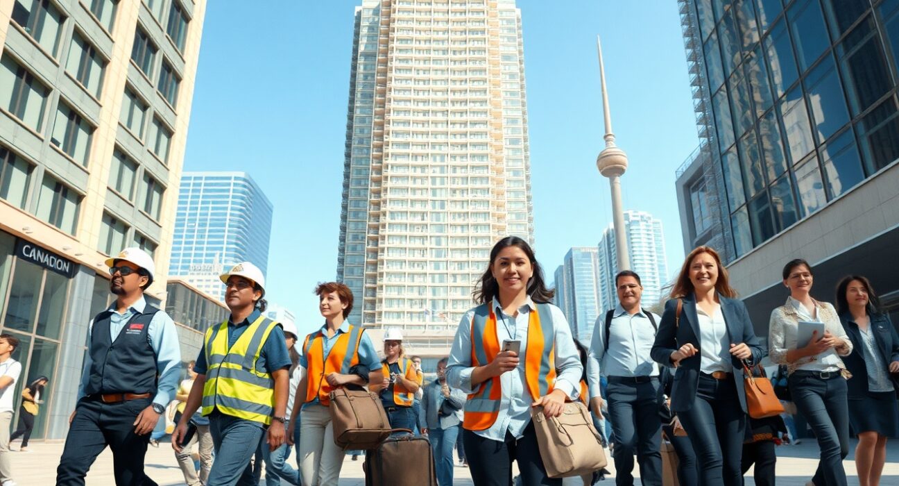 Diverse Canadian workers walking through a downtown plaza on a sunny day, representing a steady labour market.