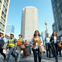 Diverse Canadian workers walking through a downtown plaza on a sunny day, representing a steady labour market.