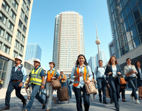 Diverse Canadian workers walking through a downtown plaza on a sunny day, representing a steady labour market.