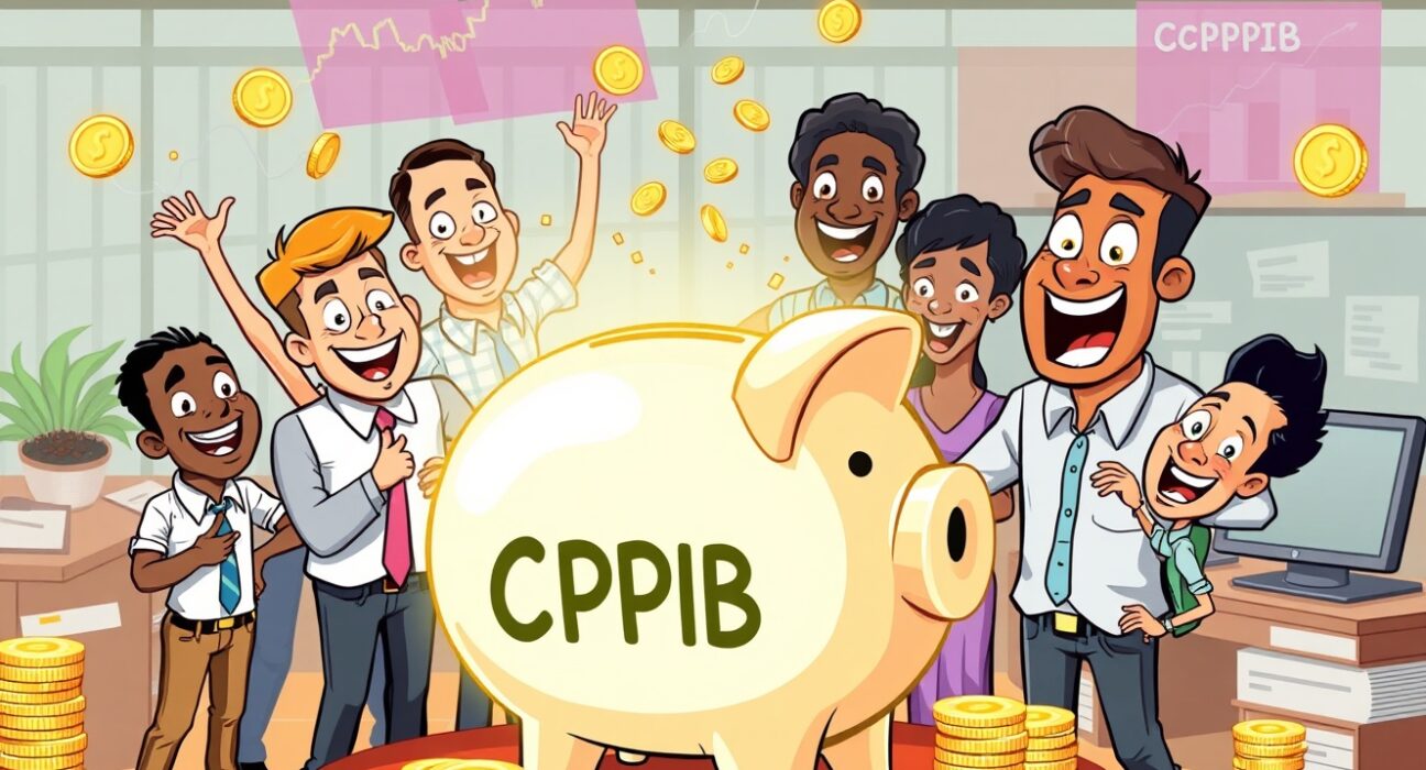 Canada Pension Plan Investment Board investing in Strategy stock with vibrant cartoon investors and financial symbols