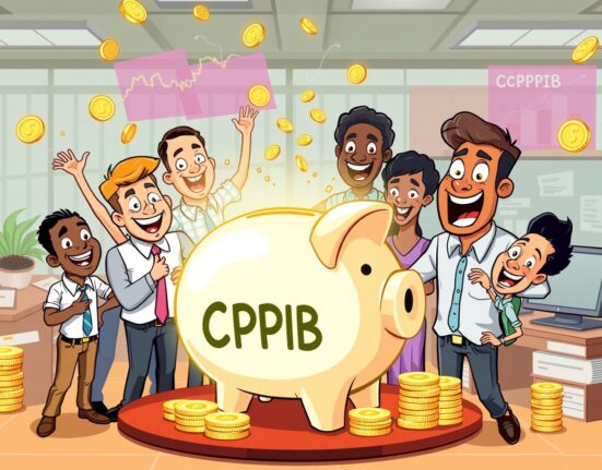 Canada Pension Plan Investment Board investing in Strategy stock with vibrant cartoon investors and financial symbols