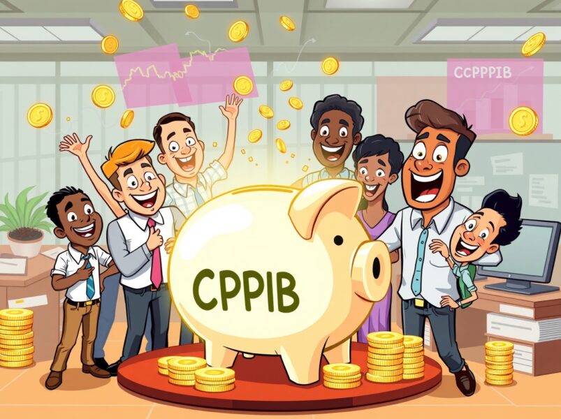 Canada Pension Plan Investment Board investing in Strategy stock with vibrant cartoon investors and financial symbols