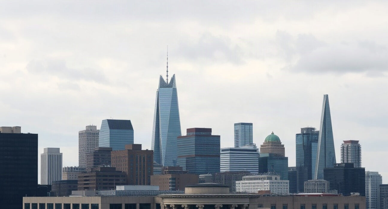 Toronto financial district skyline under overcast sky, representing Canada's economic outlook.