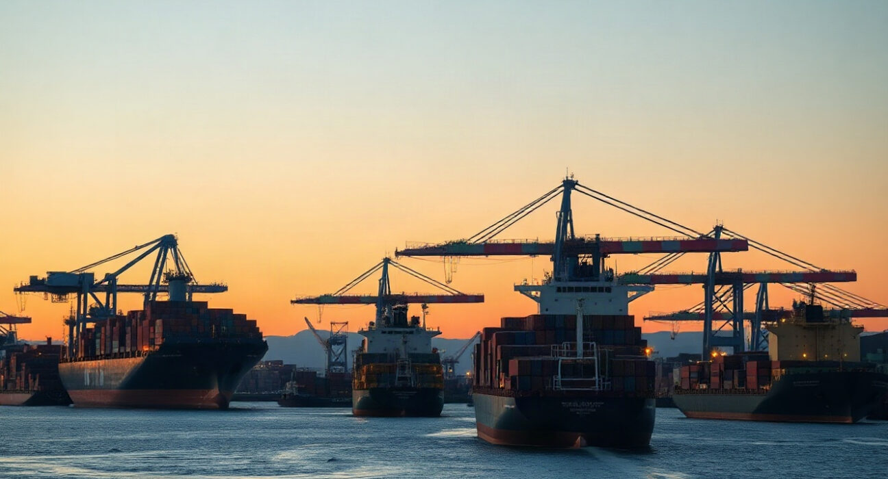 Canadian industrial port with raw material cargo at dusk, reflecting economic activity.