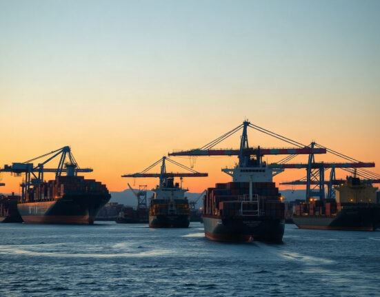 Canadian industrial port with raw material cargo at dusk, reflecting economic activity.