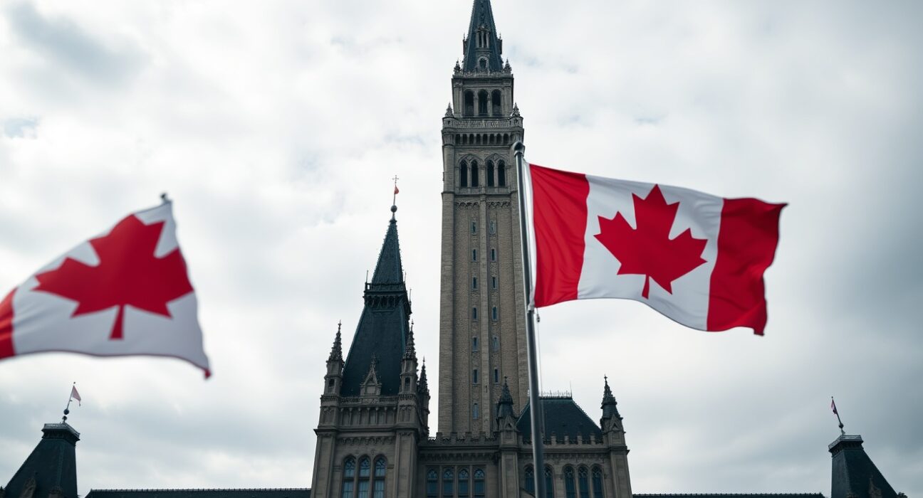 Canadian Parliament Buildings under cloudy sky with flag, symbolizing economic uncertainty
