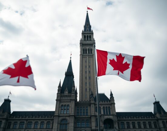 Canadian Parliament Buildings under cloudy sky with flag, symbolizing economic uncertainty
