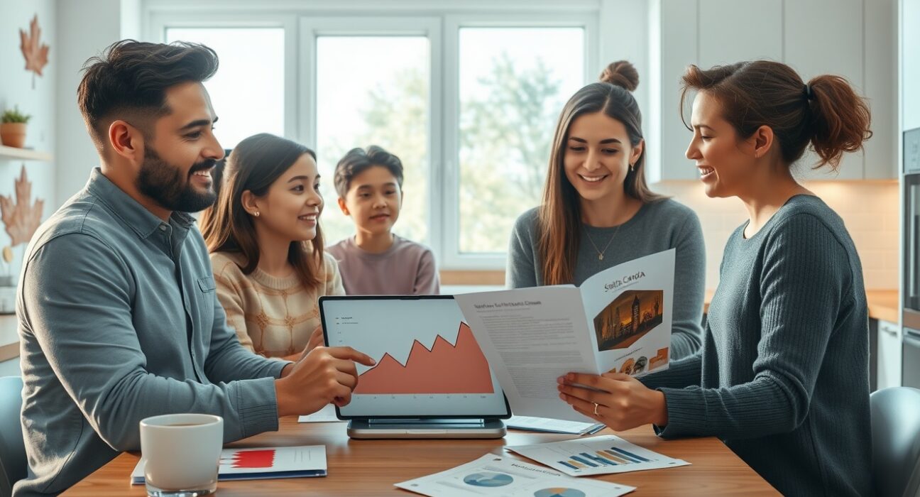 Canadian family analyzes record household net worth data and economic charts in 2025.