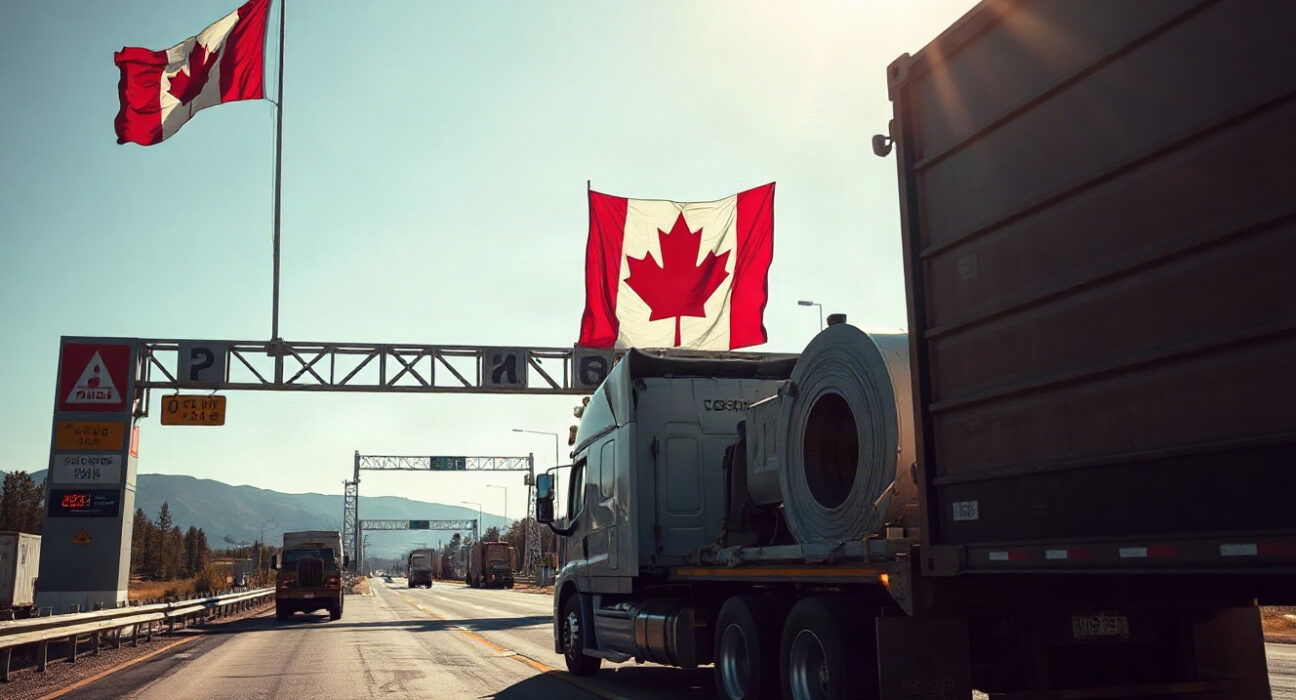 Canadian border crossing with cargo truck and Canadian flag under clear sky, symbolizing trade tensions.