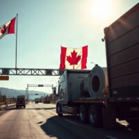 Canadian border crossing with cargo truck and Canadian flag under clear sky, symbolizing trade tensions.