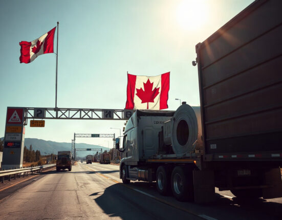 Canadian border crossing with cargo truck and Canadian flag under clear sky, symbolizing trade tensions.