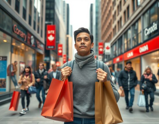 Canadian consumer spending analysis showing tentative economic resilience in urban retail setting.